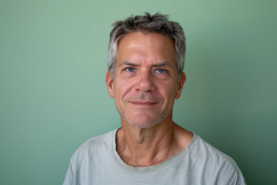 Casual Portrait of Middle-Aged Man with Salt-and-Pepper Hair on Green Background