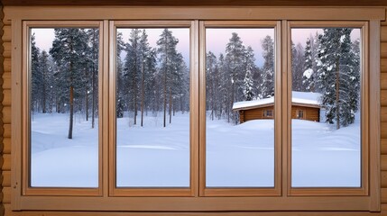 A wooden window reveals a stunning winter landscape at sunrise, showcasing a snow-covered forest and serene tranquility