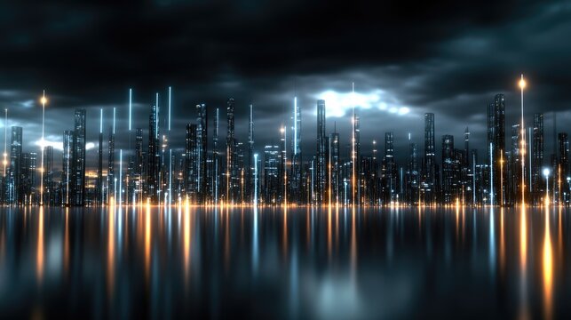 This composition illustrates a futuristic smart city with digital elements, featuring one side in daylight and the other in night mode
