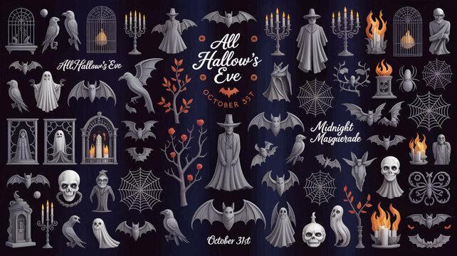 Collection of Halloween vector illustrations spooky design elements for October 31st isolated on dark background