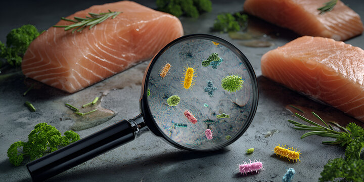 Food safety concept with bacteria and parasites seen through magnifying glass on raw fish