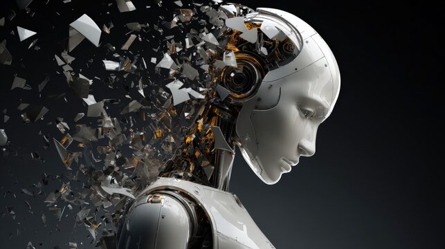 Futuristic Female Robot with Porcelain Face and Data Shards in 3D Render - Powered by Adobe