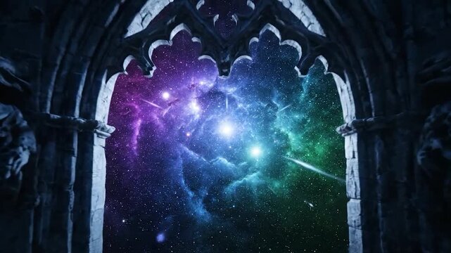 A gothic stone archway frames a stunning view of a vibrant nebula and starry cosmos