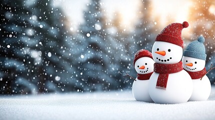 Obraz premium A delightful group of snowmen adorned with bright hats and scarves enjoys the festive atmosphere of Christmas Eve amidst gently falling snow