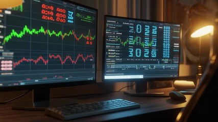 Desk setup with dual monitors showing realtime stock market information, suitable for finance websites, investment blogs, trading platforms, and business presentations. - Powered by Adobe