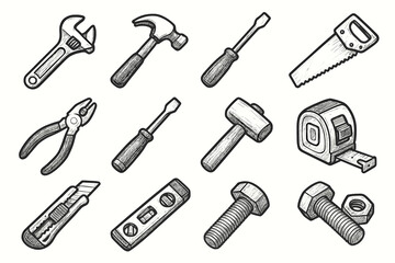 Naklejka premium Claw knife chisel tools pliers tape wrench flathead hammer vector hand icon