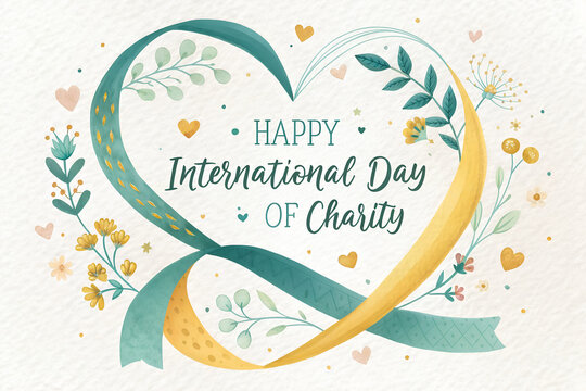 Teal and yellow ribbon heart with floral accents and “Happy International Day of Charity” text, promoting kindness, generosity, and festive charitable spirit. generative ai