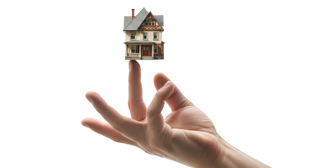 A hand balancing a miniature house on fingertips, isolated on white background — symbolizing stability, balance, and property control.