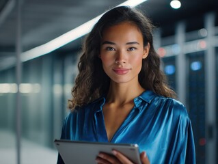 Beautiful woman holding tablet in server room. Modern data storage and network technology concept.