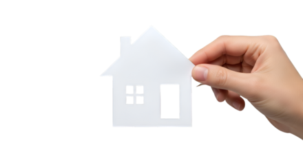 A hand holding a paper-cut house silhouette, isolated on white background, representing creativity, simplicity, and home dreams.