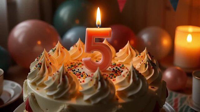 5th birthday cake with whipped cream, colorful sprinkles, and number 5 candle, against a party decoration with balloons.