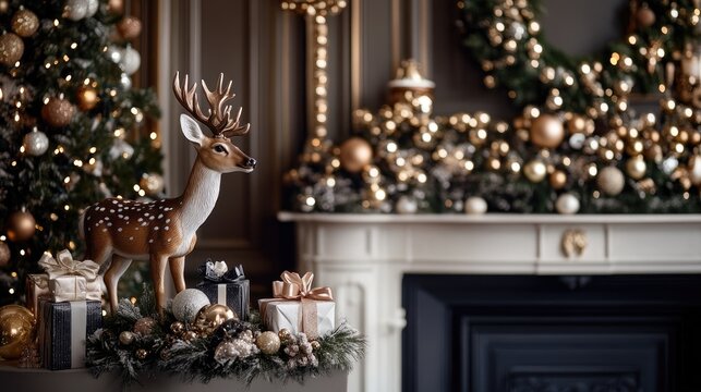 A cozy Christmas decoration displays a lush wreath, a decorative deer figurine, and a nutcracker atop a white fireplace shelf