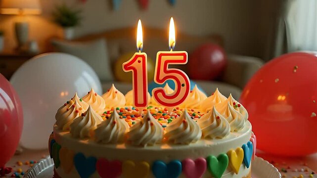 15th birthday cake with whipped cream, colorful sprinkles, and number 15 candle, against a party decoration with balloons.