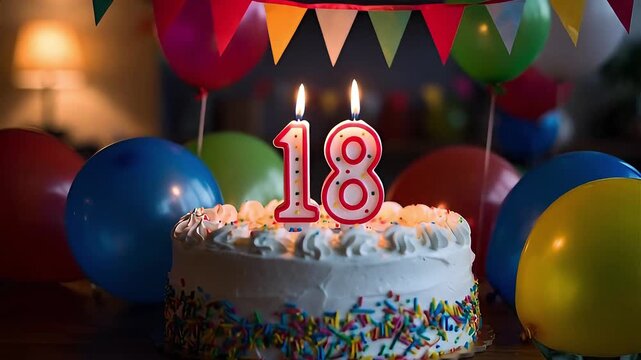 18th birthday cake with whipped cream, colorful sprinkles, and number 18 candle, against a party decoration with balloons.