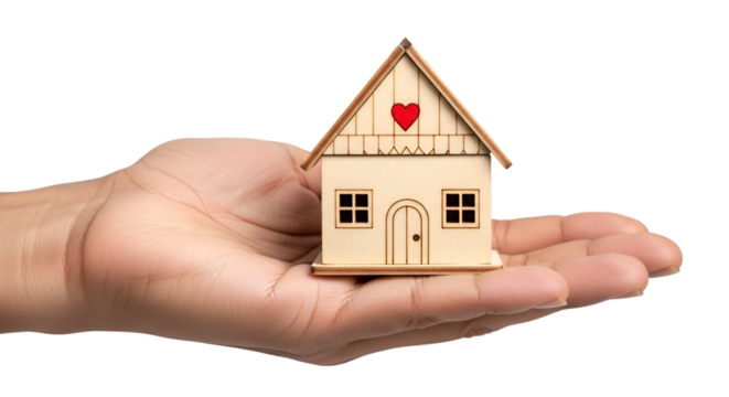 A hand presenting a small wooden house with heart symbol, isolated on white background — representing love, care, and home security.