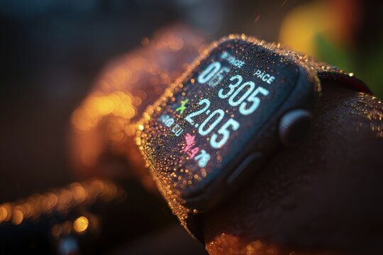 Close-up of Sweat on Smartwatch Displaying Cycling Stats