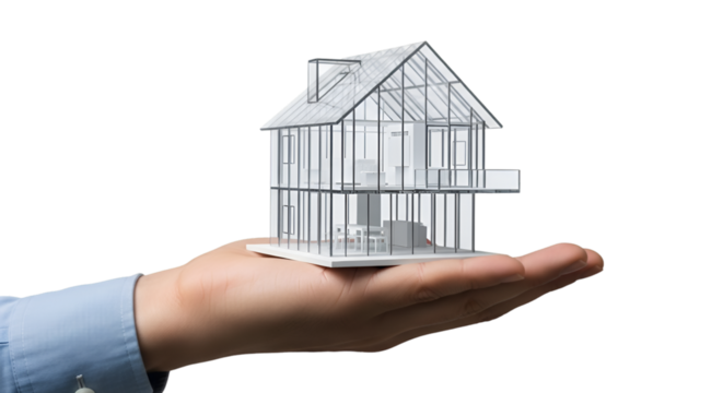 A hand holding a miniature modern glass house model, isolated on white background