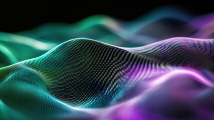 Electromagnetic field mapping through particle wave formations with vibrant green and purple gradient surfaces creating undulating energy patterns and interference