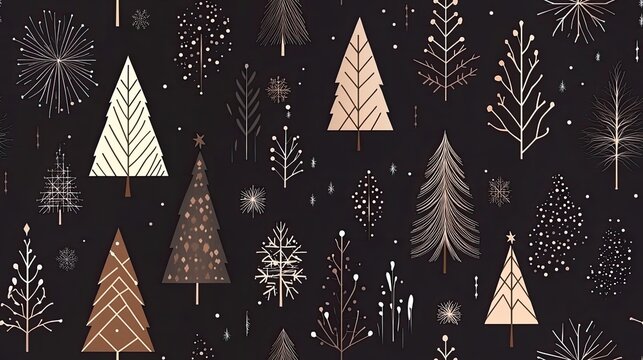 A seamless pattern featuring Christmas trees and snowflakes in green, brown, beige, and grey on a black background for festive designs SEAMLESS PATTERN