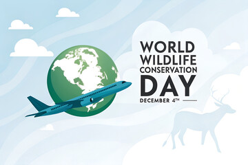 Stylized Earth with airplane and deer silhouette under “World Wildlife Conservation Day” text, promoting global awareness of wildlife protection and sustainability. generative ai