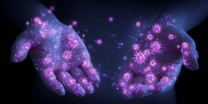 Open Hands with Glowing Virus Particles
