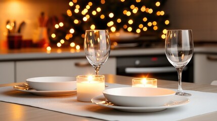 A modern dining table is elegantly set with white linens and candles, ready for a festive New Year's Eve dinner amidst cheerful decorations