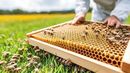 A beekeeper in protective gear carefully opens a honeycomb, with bees flying around in a vibrant spring meadow