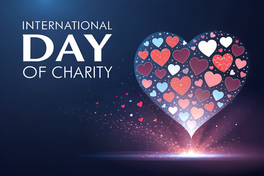 Glowing heart made of multicolored smaller hearts with sparkles and “International Day of Charity” text, celebrating love, generosity, and community support. generative ai