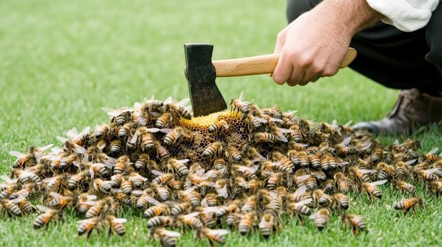 A beekeeper uses an axe to open a hive, revealing a honeycomb abundant with bees under soft natural lighting