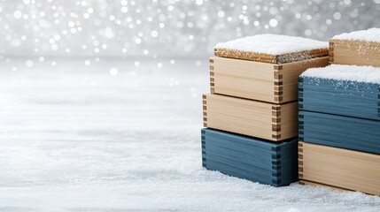 Colorful beehives are covered with snow on a wooden frame in a winter landscape, showcasing the stillness of a bee farm in cold weather