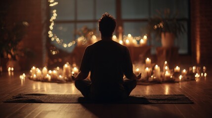 Man Meditating on Yoga Mat in Candlelit Room with Incense and Warm Tones