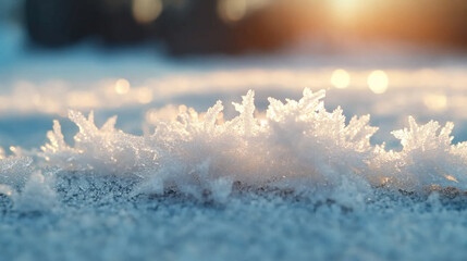 Frosted snowflakes sparkling on ground in winter morning light