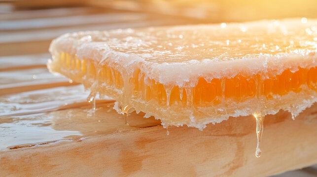 Thick golden honey dripping from honeycomb on wooden surface  