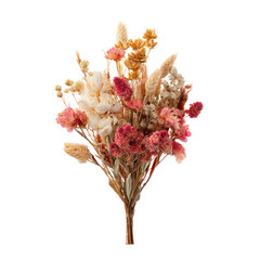 Beautiful dried flower bouquet with boho autumn style isolated on white background