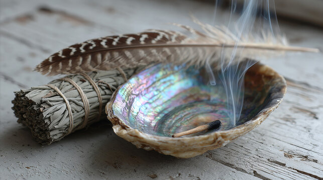 Burning sweetgrass and white sage in an iridescent holder.
