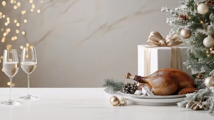 A beautifully prepared spicy roasted duck for a festive Christmas dinner, surrounded by pine cones and greenery on a white wooden table