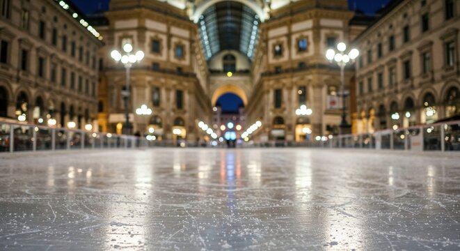 A low-angle perspective captures the textured surface of an illuminated outdoor ice rink at night, with blurred historic European architecture and glowing streetlights in the background. - Powered by Adobe