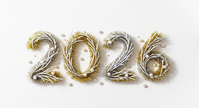 Elegant New Year 2026 celebration concept. Numbers made from gold and silver metallic tinsel and white pearls.