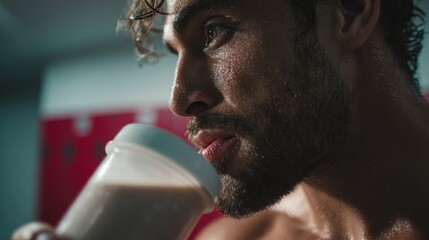 Muscular Man Enjoying Protein Shake in Gym Locker Room Close-Up