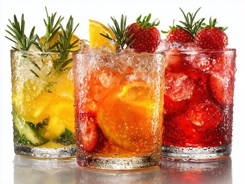 Three vibrant cocktails with ice, fruit and rosemary isolated on white background, extreme close-up highlighting condensation and texture for commercial advertising