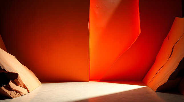 Dramatic studio still life with vibrant orange backdrop, light brown abstract forms, and stark shadows