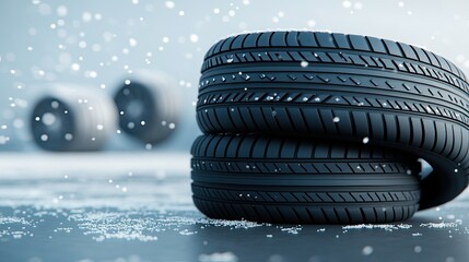 Winter tires are prominently displayed on a snowy road, showcasing their grip and suitability for icy conditions in cold weather