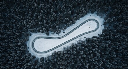 An aerial view reveals a winding snow-covered road cutting through a dense, dark evergreen forest, showcasing a sharp hairpin turn in a serene winter landscape.