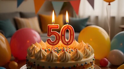 50th birthday cake with whipped cream, colorful sprinkles, and number 50 candle, against a party decoration with balloons.