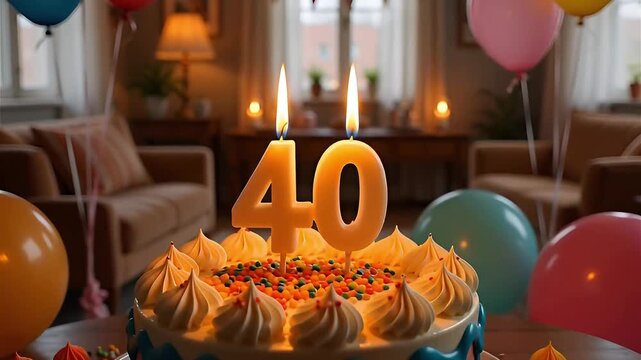 40th birthday cake with whipped cream, colorful sprinkles, and number 40 candle, against a party decoration with balloons.