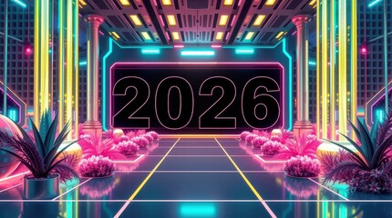 New Year neon inscription texture background abstraction 2026 geometry