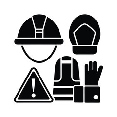 Collection of black glyph icons for industrial safety equipment. Features a hard hat, vest, gloves, glasses, and a warning sign