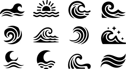 Collection of various wave icons in black and white style vector
