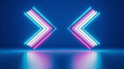 Abstract neon arrows in pink, white, and blue on a dark blue background lighting motion animated video - Powered by Adobe