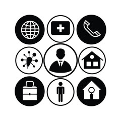Collection of Business and Lifestyle Icons for Websites and Apps Featuring Contact, Medical, Personal, and Home Icons for Various Design Needs